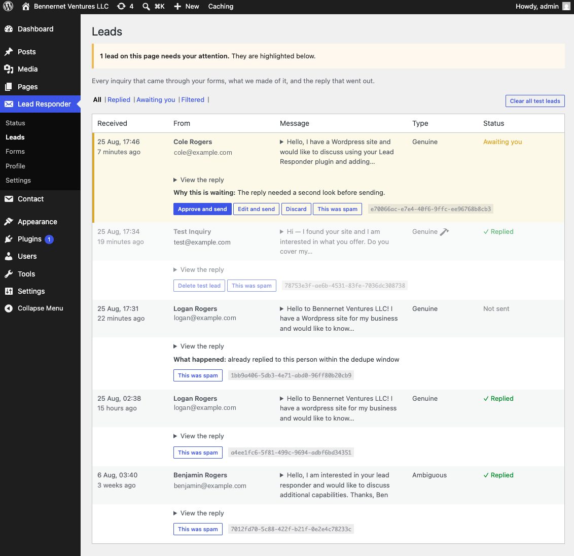 The Lead Responder leads table in the WordPress admin